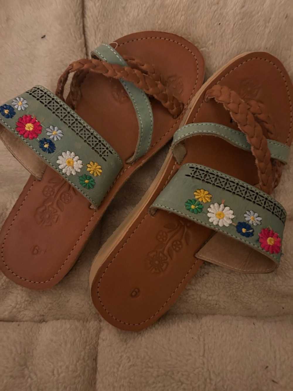 Sage Green Embroidered Floral Slide Sandals with Braided Strap